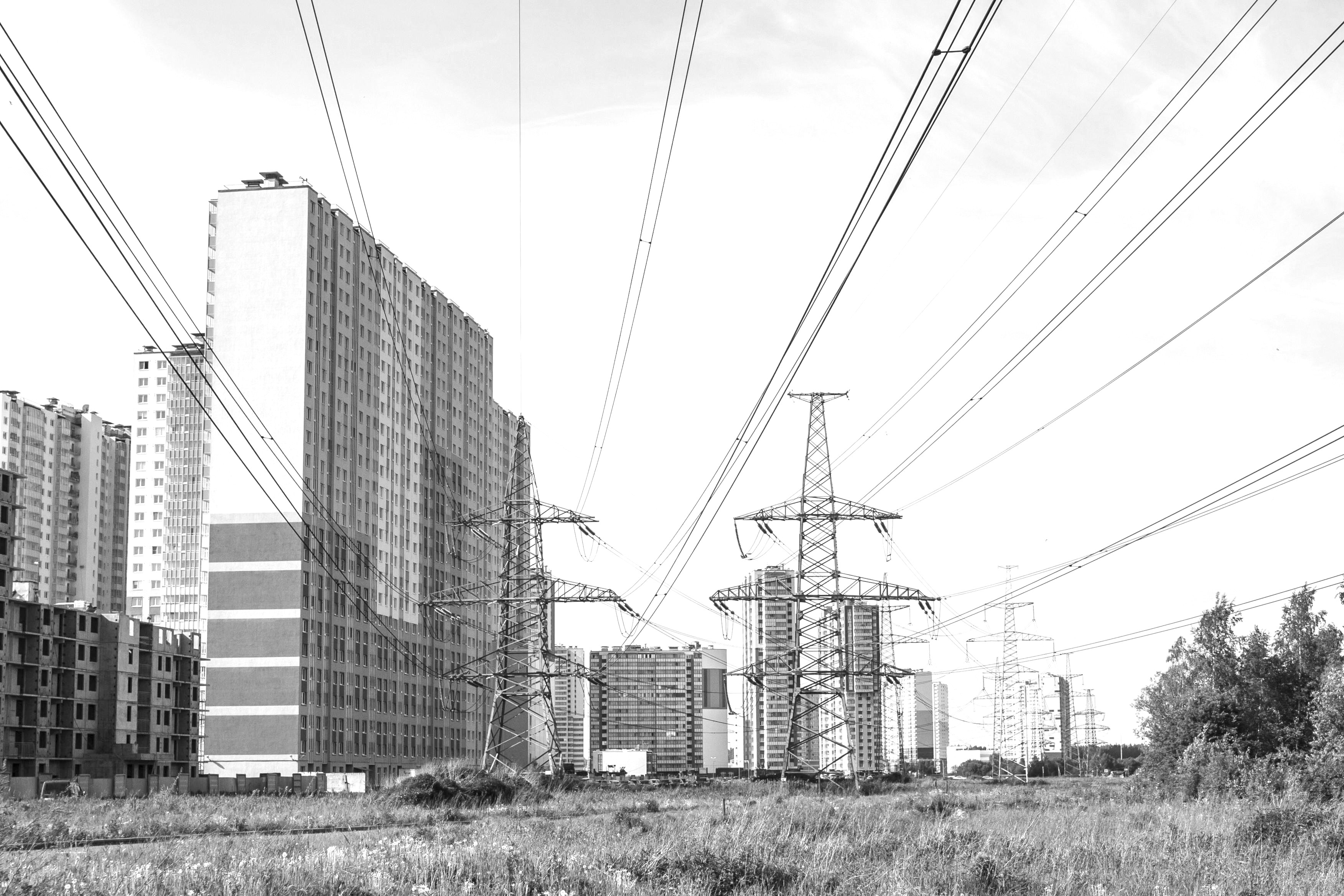 City infrastructure with power lines and high-rise buildings